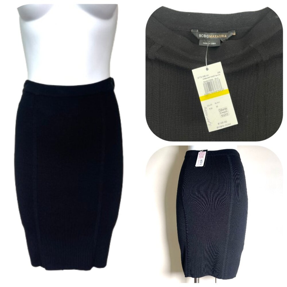 NWT BCBGMaxAzria Knit Silk Pencil Black skirt M $128